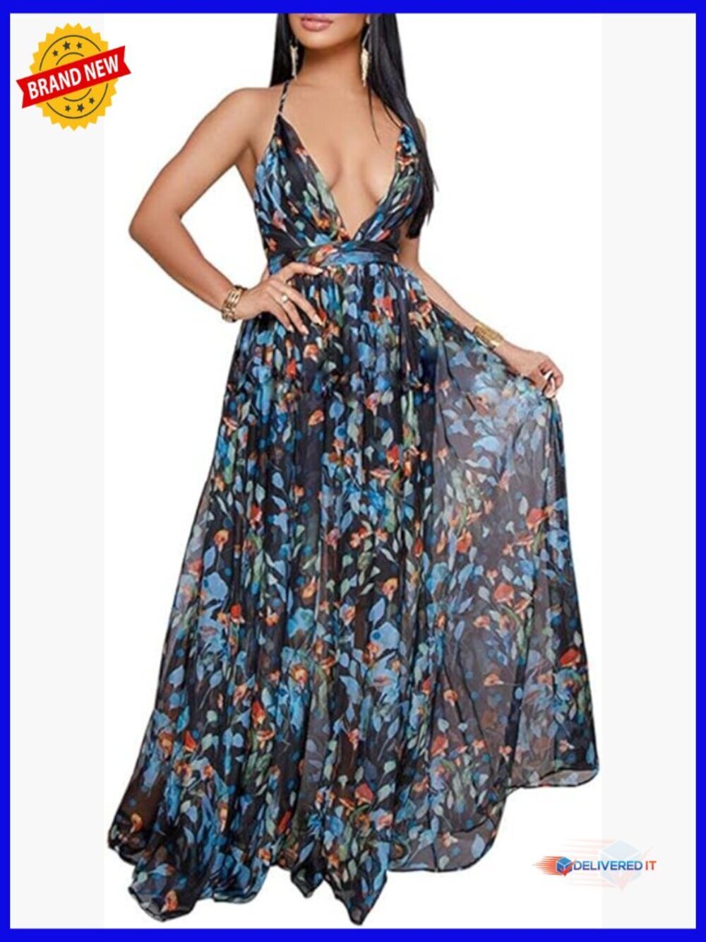 Floral Boho Maxi Dress, Deep V Neck, Criss Cross Back, Chiffon, Summer Party